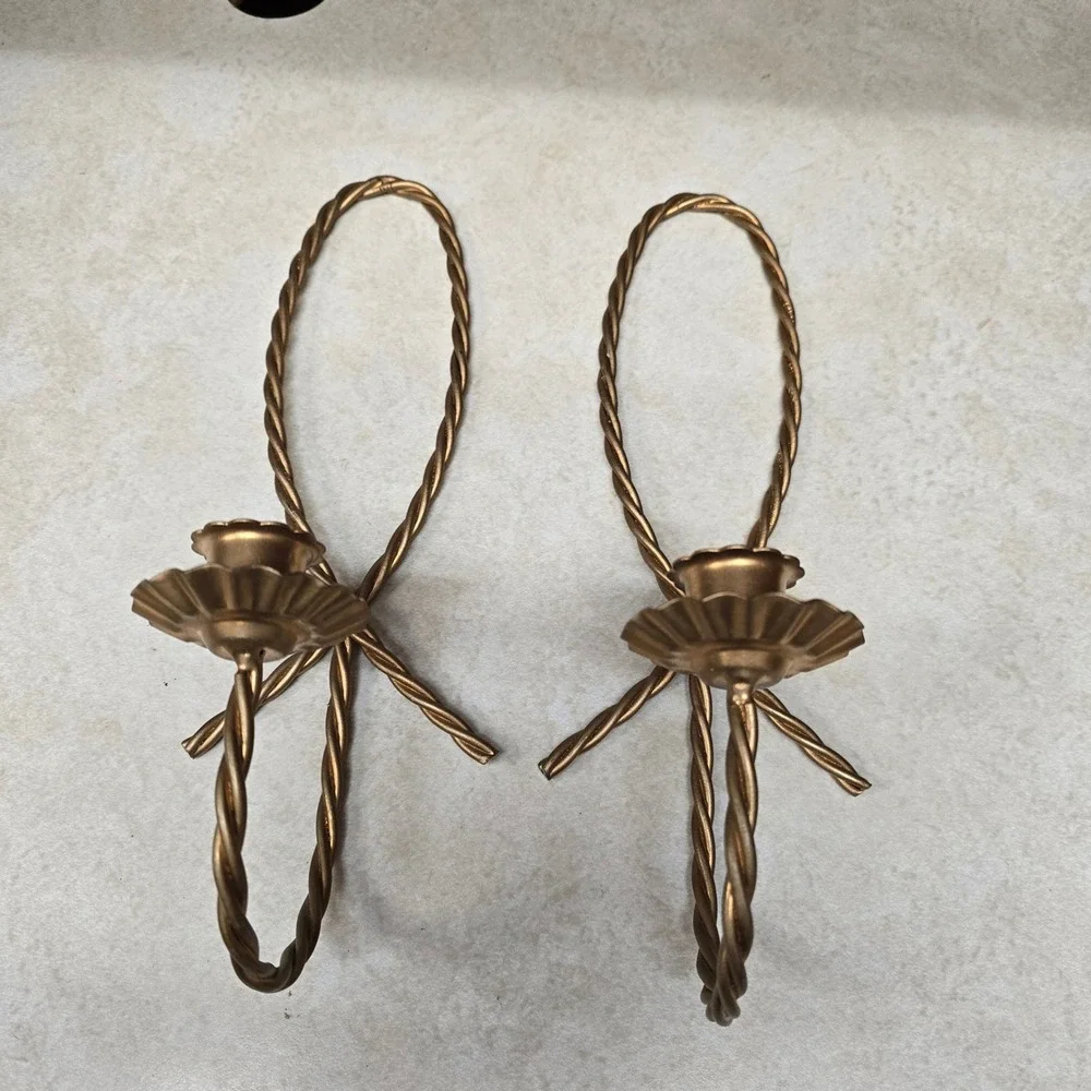 Vtg Gold Metal Twisted Rope Bow Wall Sconce Candle Holder Pair Hollywood Regency